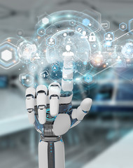 White robot hand using digital screen interface 3D rendering