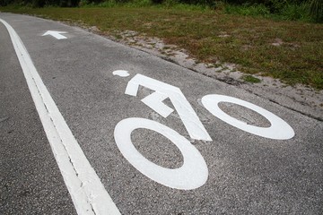 Bike Lane Symbol with Arrow Next to the Road in a Sunny Afternoon at Trade Winds Park, Pompano Beach, Florida