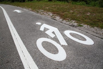 Fototapeta premium Bike Lane Symbol with Arrow Next to the Road in a Sunny Afternoon at Trade Winds Park, Pompano Beach, Florida