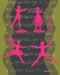 Romantic dance. Pink silhouettes of magic ballet dancers on musical background. Vector card.