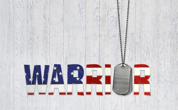 military dog tags with warrior text in American flag pattern on whitewashed wood