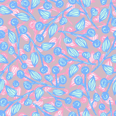 Floral seamless background with small leaves, twigs of plants. Pink, blue and dark gray color The idea for printing, tissue, packaging, scrapbooking Vector illustration Millefleurs liberty style