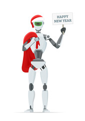 Robot with gifts holding a festive poster. Christmas technology concept. Vector illustration.