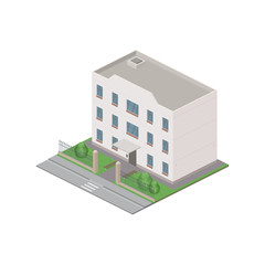 Isometric public residential building isolated on white background. City street 3D view. Object or icon for video game. Vector illustration.