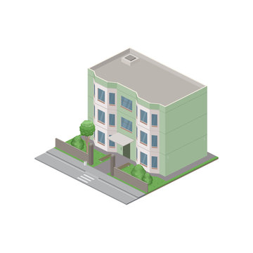 Isometric public residential building isolated on white background. City street 3D view. Object or icon for video game. Vector illustration.