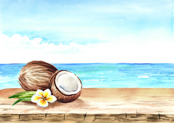 Summer background with coconut, empty table and sea