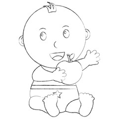 cute little baby boy sitting with apple vector illustration sketch