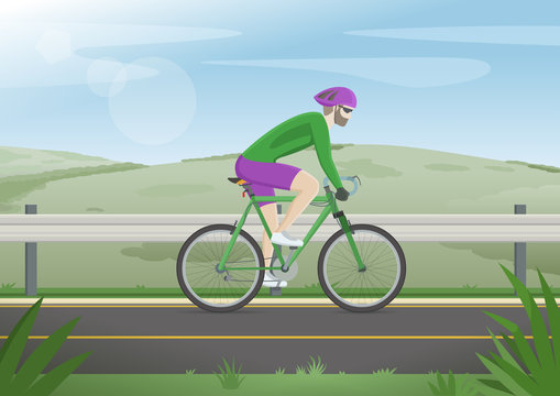 Cyclist in a road outdoors. Beautiful landscape. Man in a green jacket and full sports equipment’s. Vector illustration.