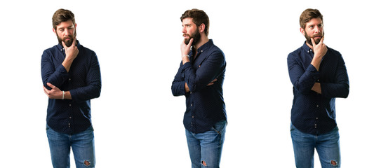 Young man with beard doubt expression, confuse and wonder concept, uncertain future isolated over...