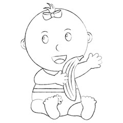 cute little baby girl sitting with a banana vector illustration sketch