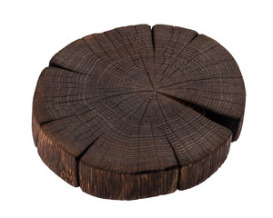 Wooden stump isolated on white background. Dark wooden cutting board