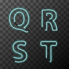 Bright blue realistic neon letters, vintage Q R S T latin letters on transparent