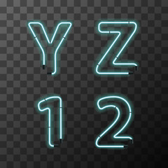 Bright blue realistic neon letters, vintage Y Z 1 2 letters on transparent