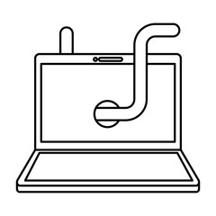 cyber security laptop with worm virus vector illustration outline