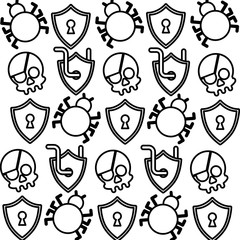 cyber security shield keyhole worm skull virus attack pattern vector illustration outline