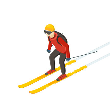 Skier in motion isolated on white background. Man in a red jacket and full sports equipment’s. Isometric view. Vector illustration.