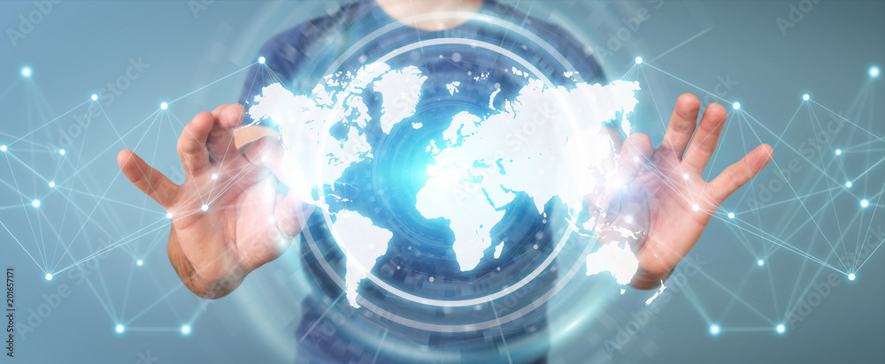 Poster Businessman using digital world map interface 3D rendering