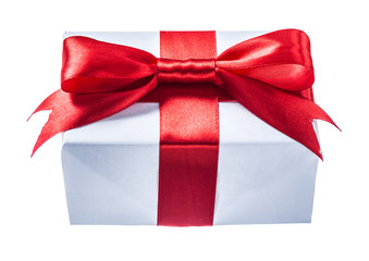 White gift box with red bow isolated on white