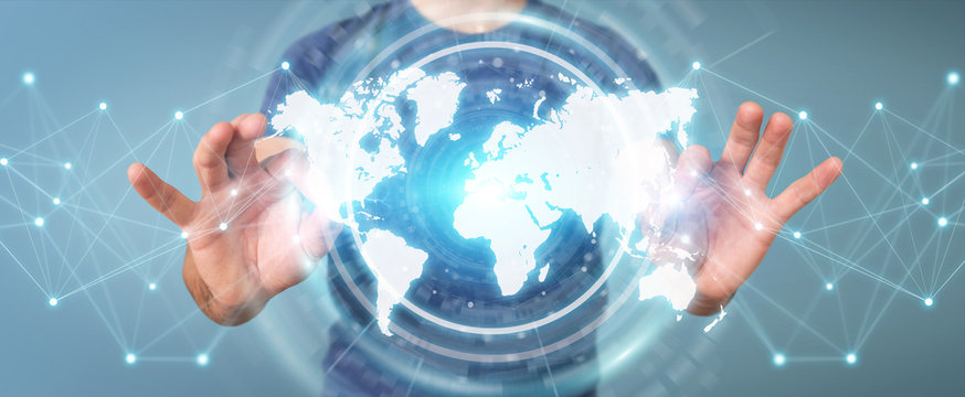 Businessman using digital world map interface 3D rendering