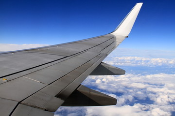 Fototapeta na wymiar aeroplane wing with blue sky in the distance