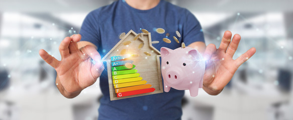 Businessman saving money with good energy chart rating 3D rendering