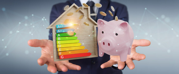 Businessman saving money with good energy chart rating 3D rendering