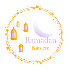 Hand-drawn Vector Illustration of Golden Ramadan lanterns with lights, Crescent on a white background with Ramadan Kareem greeting text.