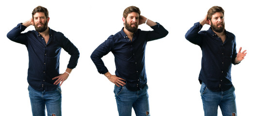 Young man with beard confident and happy with a big natural smile laughing isolated over white background