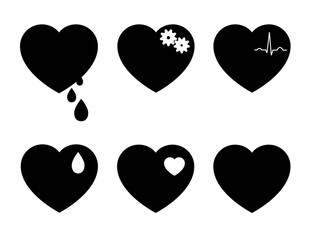 Vector set of black heart icons isolated on different layers