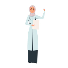 Cartoon Arab medical woman character with documents. Vector Smiling doctor in hijab with her hand up as a sign of attention. Young Arabic nurse wearing the uniform with phonendoscope