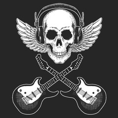 Fototapeta premium Rock music festival. Cool print for poster, banner, t-shirt. Skull wearing headphones with electric guitar. Heavy metal party. Rock-n-roll star