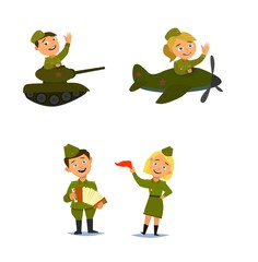 Character in children costume of Soviet soldiers, . Russian Victory day on may 9.