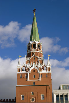 Architecture of Moscow Kremlin. Trinity tower. Popular landmark. Color photo.