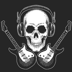 Rock music festival. Cool print for poster, banner, t-shirt. Skull wearing headphones with electric guitar. Heavy metal party. Rock-n-roll star