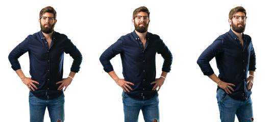 Young man with beard confident and happy with a big natural smile laughing isolated over white background