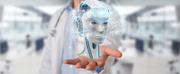 Doctor using digital artificial intelligence interface 3D rendering