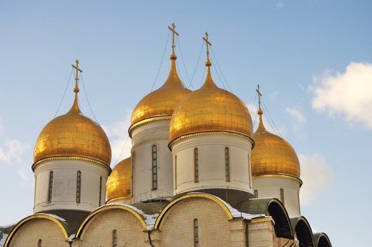 Dormition church. Architecture of Moscow Kremlin. Popular landmark. Color photo.