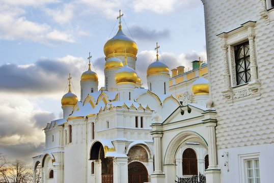 Annunciation church. Architecture of Moscow Kremlin. Popular landmark. Color photo.