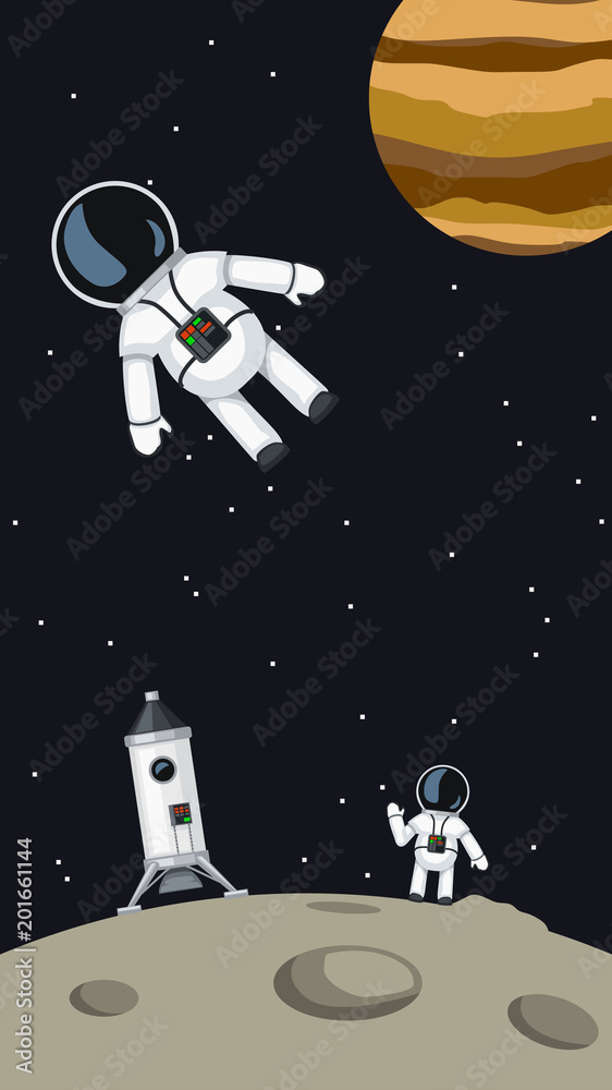 Wall mural astronauts with spaceship on moon