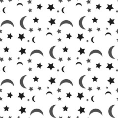 Moon and stars pattern repeat seamless in black color for any design. Vector geometric illustration