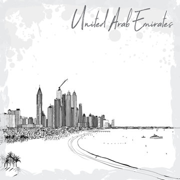 Hand drawn sketch of Marina Dubai UAE. City and beach coast with sand beaches at United Arab Emirates. Illustration. Vector.