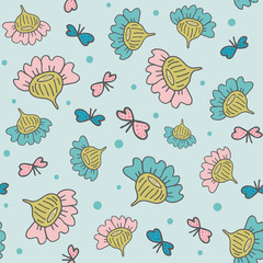 Seamless pattern with whimsical flowers and butterflies on blue background