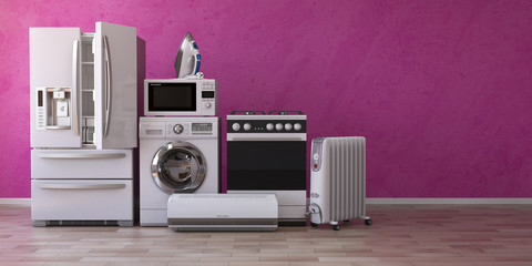 Set of household home appliancess on pink background. Kitchen technics in the new appartments. E-commerce online internet store and delivering of appliances concept.