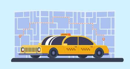 Taxi car with map on background. Geolocation marker with route. Service for transportation passengers. Flat vector