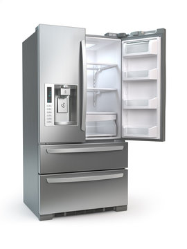 Open fridge freezer. Side by side stainless steel refrigerator  isolated on white background.