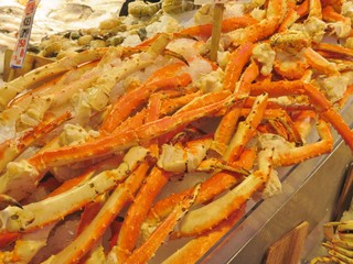 Alaskan King Crab legs for sell at a fish market;