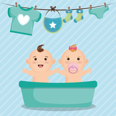 baby shower card with little kids vector illustration design
