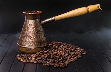 hot cereal, black coffee in Turku, with steam on a black background