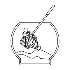 aquarium bowl with colors fish and fishing net vector illustration design
