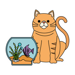 aquarium bowl with colors fish and cat vector illustration design